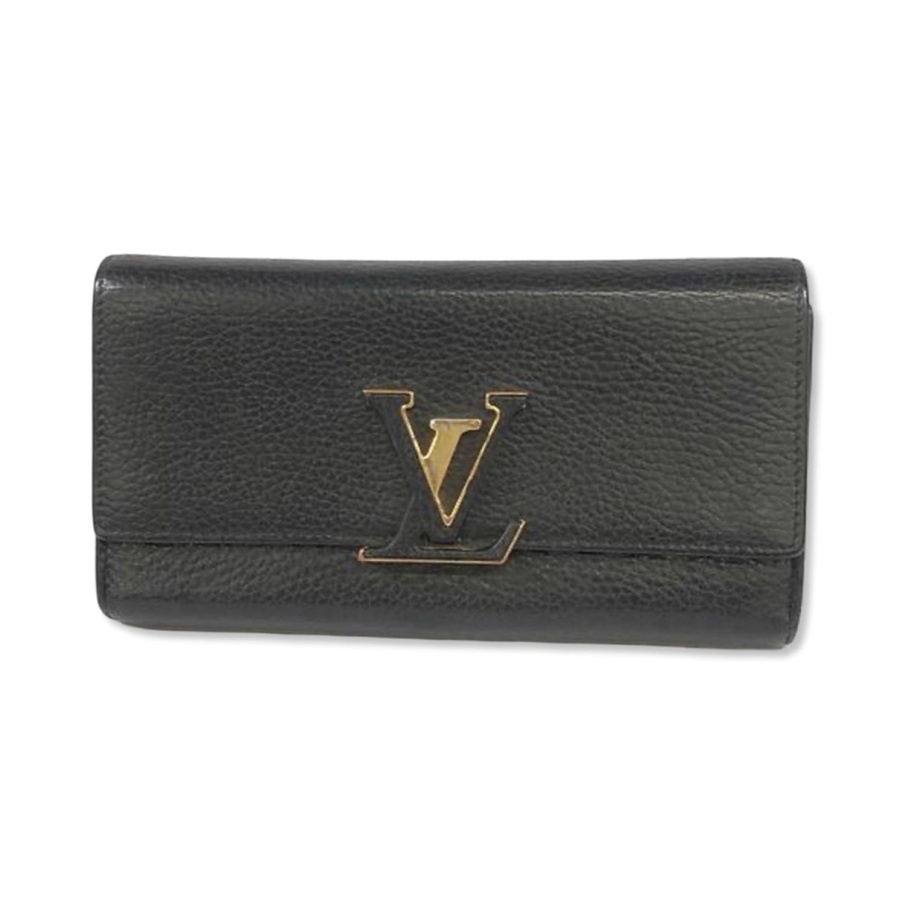 Louis Vuitton Black Leather Flap Wallet with Gold LV Emblem